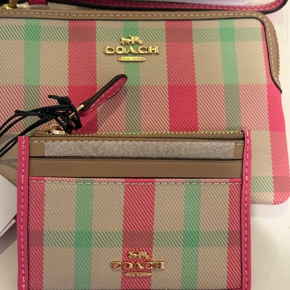 Coach Mini Skinny Id Case w wristlet/wallet /Plaid Print set/pink/ multi - Picture 6 of 16